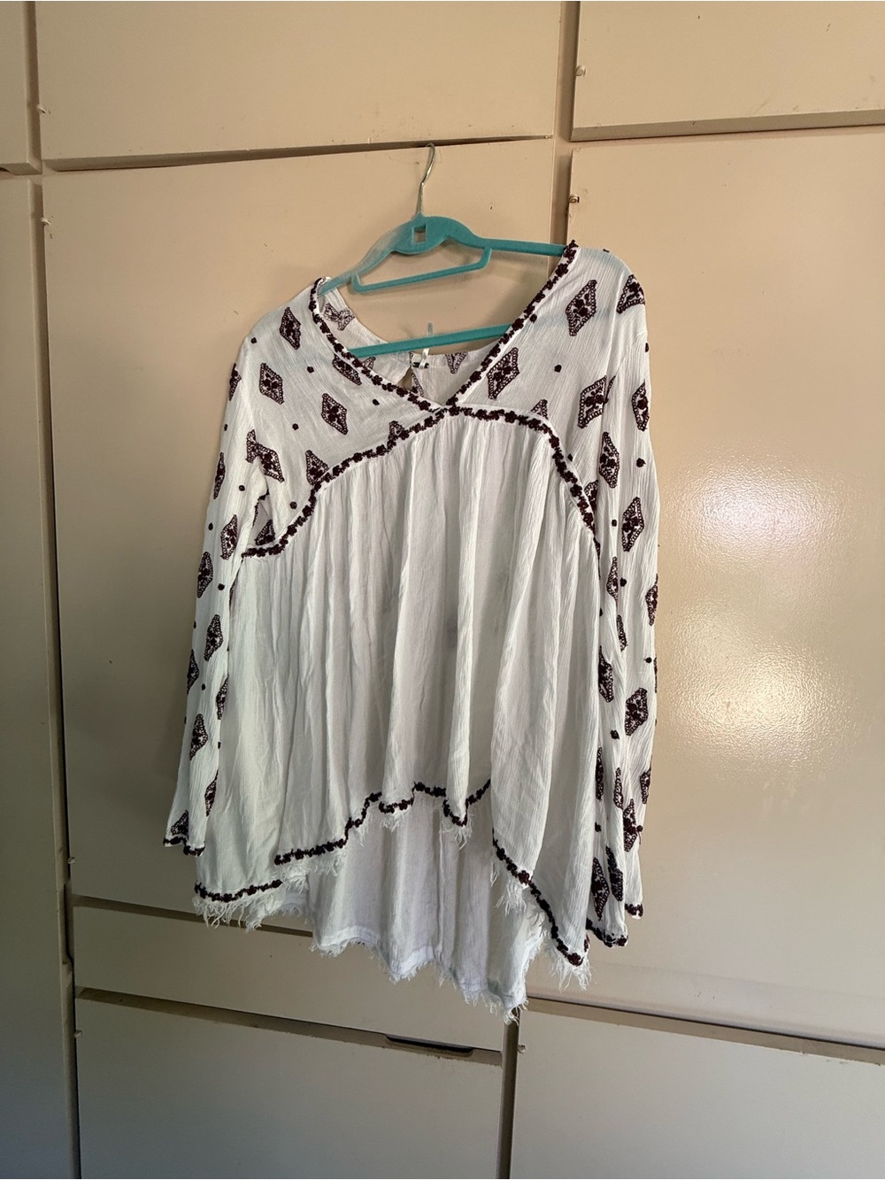 Free People White Tunic with Burgundy Diamond Embroidery